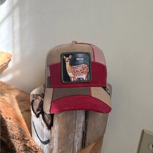 Goorin Bros Red and Tan Deer Patch Trucker Farm Hat Patchwork Corduroy